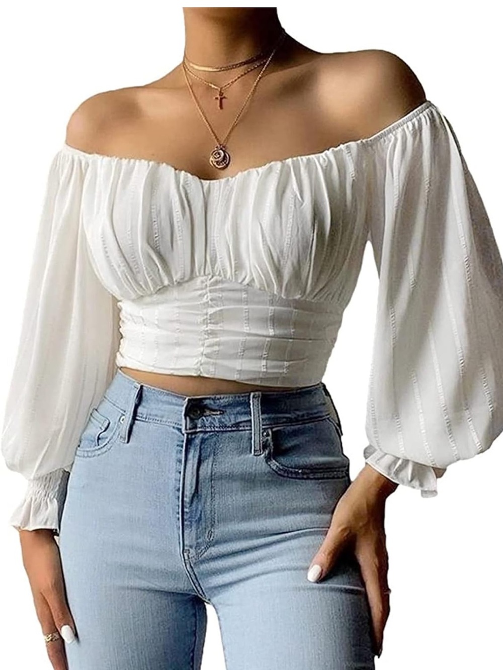 Off-Shoulder White Puff Sleeve Crop Top